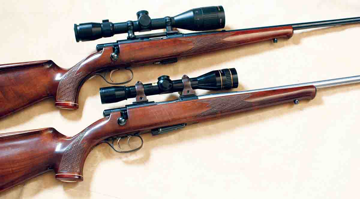 The .17 Ackley Hornet’s action (bottom) is essentially a slightly larger version of the Anschutz Model 54 rimfire action (top).